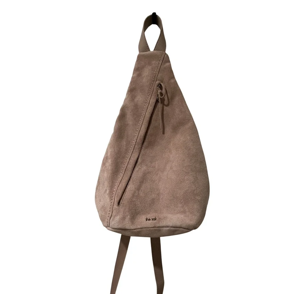 The Sak Leather Suede Sling Backpack Taupe Slouchy Zip Crossbody Bag
